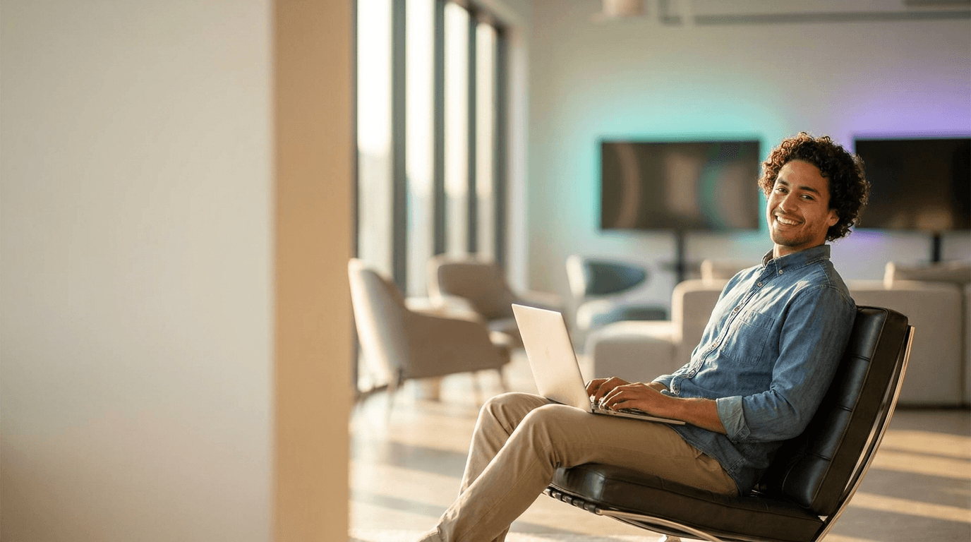 A young business owner managing their shop from a phone and laptop, smiling in warm light